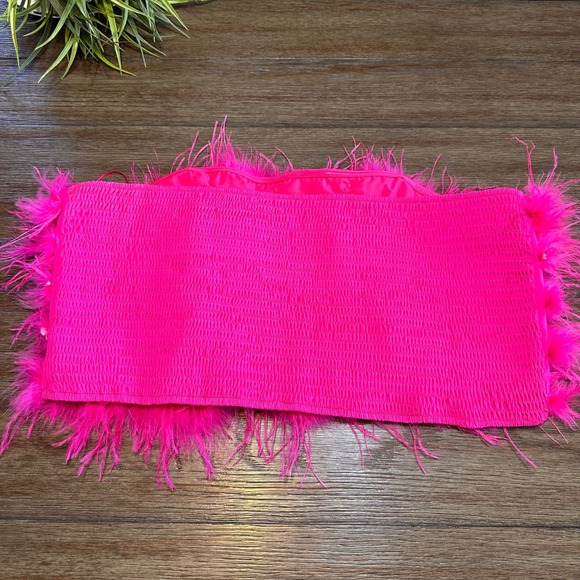 Nasty Gal Bright Pink Feather Trim Smocked Tube Crop Top Festival Party Women 18 - Picture 3 of 9